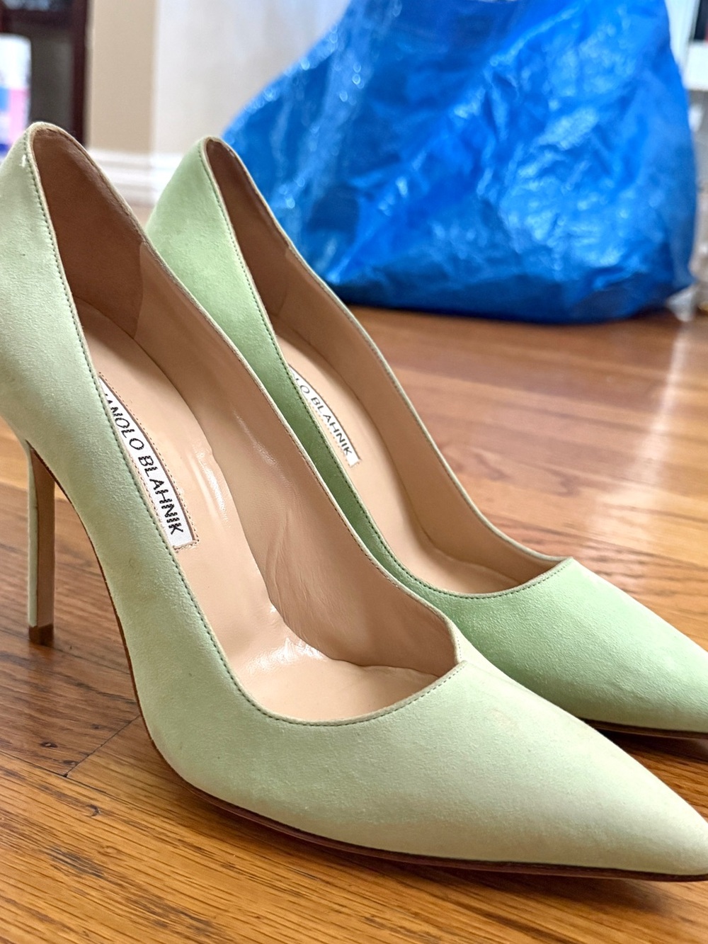 Manolo Blahnik Mint Green Suede Pointed Toe Pump